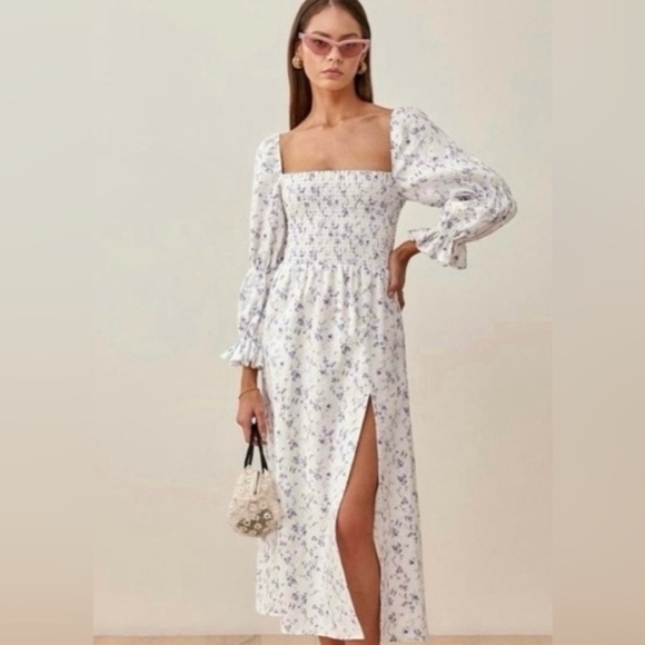 House of Harlow 1960 Dresses & Skirts - House of Harlow Blue White Floral Linen Smocked Dress Prairie Boho Feminine M